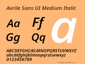 Avrile Sans UI Medium Italic Version 1.001;November 7, 2019;FontCreator 12.0.0.2547 64-bit图片样张