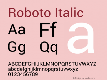 Roboto Italic Version 1.00000; 2011; Build 20120418 Font Sample