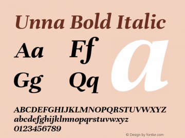 Unna Bold Italic Version 2.007; ttfautohint (v1.5) Font Sample