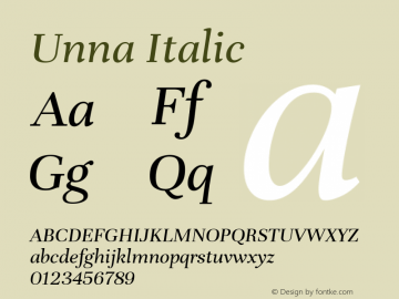 Unna Italic Version 2.007; ttfautohint (v1.5) Font Sample