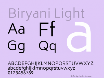 Biryani Light Version 1.004; ttfautohint (v1.1) -l 5 -r 5 -G 72 -x 0 -D latn -f none -w gGD -W -c Font Sample