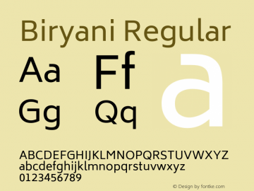 Biryani Regular Version 1.004; ttfautohint (v1.1) -l 5 -r 5 -G 72 -x 0 -D latn -f none -w gGD -W -c图片样张