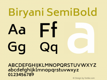 Biryani SemiBold Version 1.004; ttfautohint (v1.1) -l 5 -r 5 -G 72 -x 0 -D latn -f none -w gGD -W -c图片样张