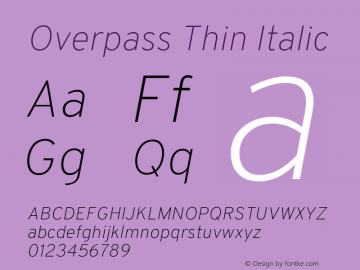Overpass Thin Italic Version 3.000;DELV;Overpass; ttfautohint (v1.5) Font Sample