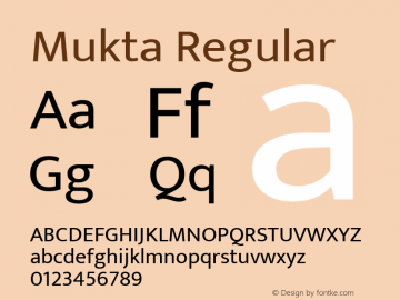 Mukta Regular Version 2.538;PS 1.001;hotconv 16.6.51;makeotf.lib2.5.65220; ttfautohint (v1.6) Font Sample