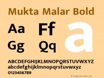 Mukta Malar Bold Version 2.538;PS 1.000;hotconv 16.6.51;makeotf.lib2.5.65220; ttfautohint (v1.6)图片样张