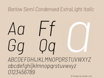 Barlow Semi Condensed ExtraLight Italic Version 1.408 Font Sample