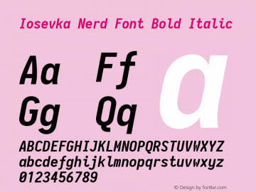 Iosevka Bold Italic Nerd Font Complete 2.1.0; ttfautohint (v1.8.2) Font Sample