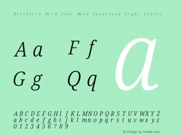 Noto Serif Condensed Light Italic Nerd Font Complete Mono Version 2.000;GOOG;noto-source:20170915:90ef993387c0; ttfautohint (v1.7)图片样张