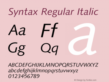 Syntax-RegIta Version 1.000;PS 1.00;hotconv 1.0.57;makeotf.lib2.0.21895 Font Sample
