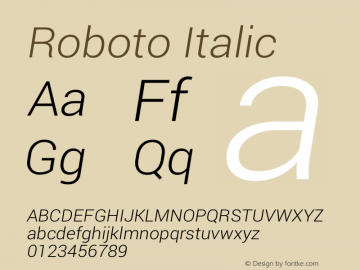 Roboto Italic Version 1.100005; build 20130326 Font Sample