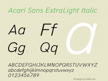 Acari Sans ExtraLight Italic Version 1.045;December 5, 2019;FontCreator 12.0.0.2547 64-bit; ttfautohint (v1.6) Font Sample