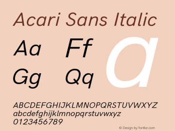 Acari Sans Italic Version 1.045;December 5, 2019;FontCreator 12.0.0.2547 64-bit; ttfautohint (v1.6) Font Sample