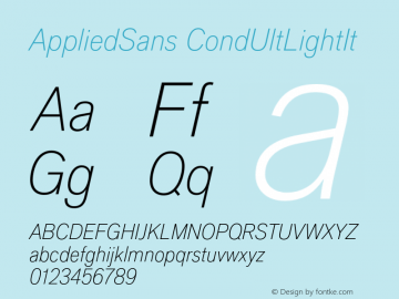 AppliedSans-CondUltLightIt Version 1.00 Font Sample