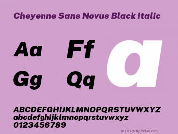 Cheyenne Sans Novus Black Italic Version 1.007;January 3, 2020;FontCreator 12.0.0.2547 64-bit; ttfautohint (v1.8.3) Font Sample