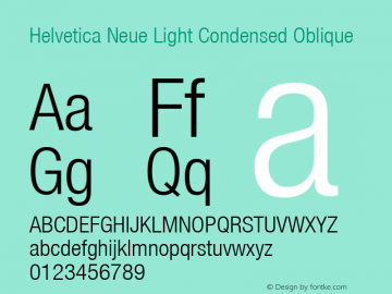 Helvetica 47 Light Condensed Oblique Version 001.000 Font Sample