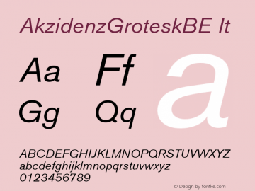 AkzidenzGroteskBE It Macromedia Fontographer 4.1 4/4/2000 Font Sample