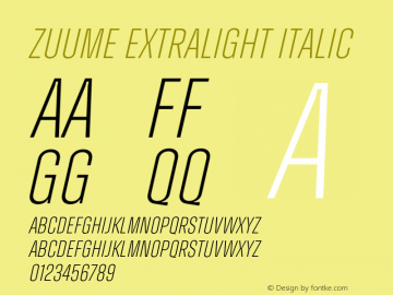 Zuume ExtraLight Italic Version 1.000;hotconv 1.0.109;makeotfexe 2.5.65596 Font Sample