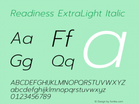 Readiness ExtraLight Italic Version 1.00;January 16, 2020;FontCreator 12.0.0.2550 64-bit; ttfautohint (v1.6)图片样张