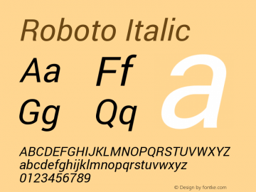 Roboto Italic Version 1.200310; 2013; build; 20140304 Font Sample