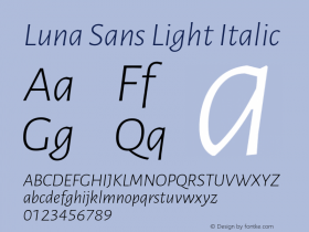 Luna Sans Light Italic Version 2.001;January 6, 2020;FontCreator 12.0.0.2547 64-bit Font Sample