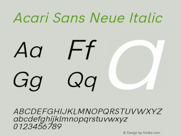 Acari Sans Neue Italic Version 1.045;February 2, 2020;FontCreator 12.0.0.2550 64-bit; ttfautohint (v1.8.3)图片样张