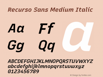 Recurso Sans Medium Italic Version 1.037;February 9, 2020;FontCreator 12.0.0.2550 64-bit; ttfautohint (v1.6) Font Sample