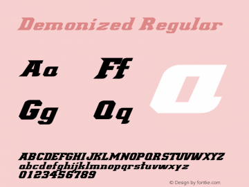 Demonized Regular Version 2.00 - Free release on 01/20/01 - DePaul Blue Demon logos removed and additional characters added. Font Sample