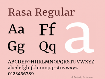 Rasa Regular Version 1.001;PS 1.001;hotconv 1.0.88;makeotf.lib2.5.647800; ttfautohint (v1.3.34-f4db)图片样张
