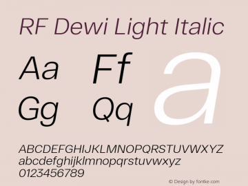 RF Dewi Light Italic Version 1.004;PS 001.004;hotconv 1.0.88;makeotf.lib2.5.64775 Font Sample
