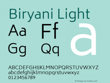 Biryani Light Version 1.004; ttfautohint (v1.1) -l 5 -r 5 -G 72 -x 0 -D latn -f none -w gGD -W -c Font Sample