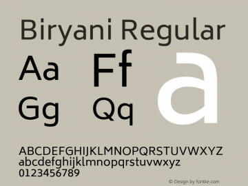 Biryani Regular Version 1.004; ttfautohint (v1.1) -l 5 -r 5 -G 72 -x 0 -D latn -f none -w gGD -W -c图片样张