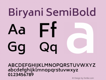 Biryani SemiBold Version 1.004; ttfautohint (v1.1) -l 5 -r 5 -G 72 -x 0 -D latn -f none -w gGD -W -c Font Sample