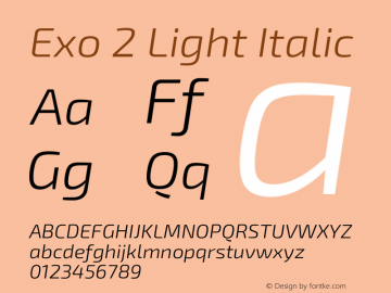Exo 2 Light Italic Version 1.001;PS 001.001;hotconv 1.0.70;makeotf.lib2.5.58329; ttfautohint (v0.92) -l 8 -r 50 -G 200 -x 14 -w 