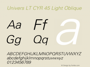 UniversLTCYR-45LightOblique Version 1.00 Font Sample