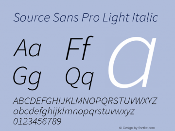 Source Sans Pro Light Italic Version 1.076;PS 2.000;hotconv 1.0.86;makeotf.lib2.5.63406 Font Sample