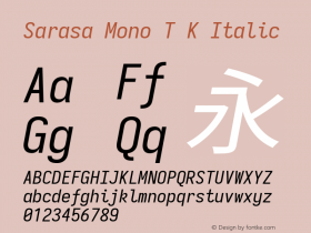 Sarasa Mono T K Italic Version 0.11.0; ttfautohint (v1.8.3) Font Sample