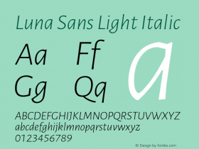 Luna Sans Light Italic Version 2.001;January 11, 2020;FontCreator 12.0.0.2547 64-bit Font Sample