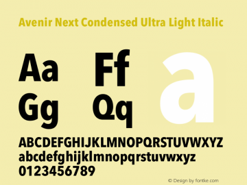 Avenir Next Condensed Ultra Light Italic 13.0d1e10 Font Sample