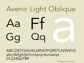 Avenir Light Oblique 13.0d3e1 Font Sample