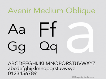 Avenir Medium Oblique 13.0d3e1 Font Sample