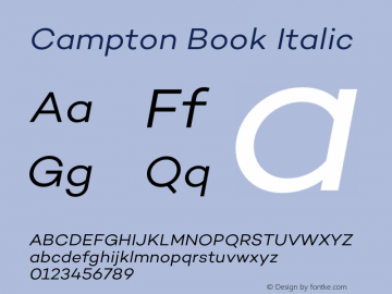 Campton Book Italic Version 1.002;PS 001.002;hotconv 1.0.88;makeotf.lib2.5.64775 Font Sample