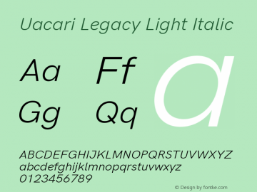 Uacari Legacy Light Italic Version 2.022;April 18, 2020;FontCreator 12.0.0.2522 64-bit; ttfautohint (v1.8.3) Font Sample