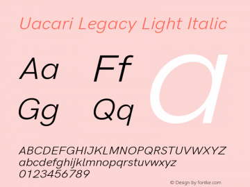 Uacari Legacy Light Italic Version 2.022;May 11, 2020;FontCreator 12.0.0.2522 64-bit; ttfautohint (v1.8.3) Font Sample