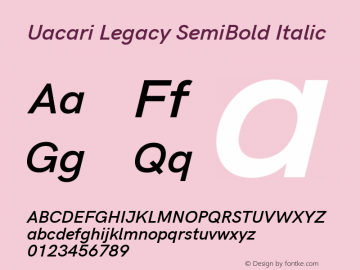 Uacari Legacy SemiBold Italic Version 2.022;May 11, 2020;FontCreator 12.0.0.2522 64-bit; ttfautohint (v1.8.3) Font Sample
