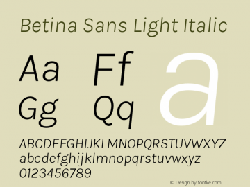 Betina Sans Light Italic Version 2.001;May 13, 2020;FontCreator 12.0.0.2522 64-bit; ttfautohint (v1.8.3) Font Sample