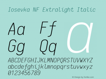 Iosevka Extralight Italic Nerd Font Complete Mono Windows Compatible 1.14.0; ttfautohint (v1.7.9-c794)图片样张
