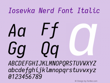 Iosevka Italic Nerd Font Complete 1.14.0; ttfautohint (v1.7.9-c794) Font Sample