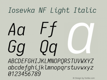 Iosevka Light Italic Nerd Font Complete Mono Windows Compatible 1.14.0; ttfautohint (v1.7.9-c794)图片样张