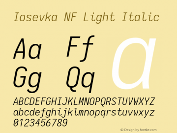 Iosevka Light Italic Nerd Font Complete Windows Compatible 1.14.0; ttfautohint (v1.7.9-c794) Font Sample